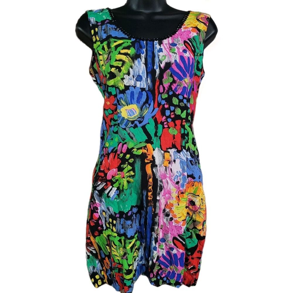 JAMS WORLD Mini Sheath Dress Sz 9 Sequin Neck Sleeveless Abstract Floral BOLD